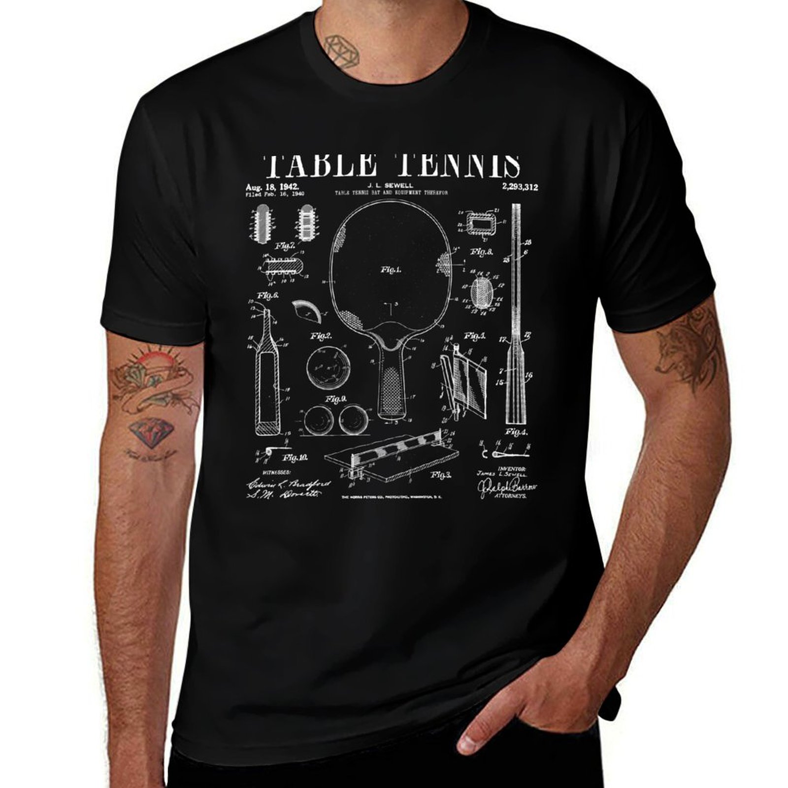 卓球ピンポンオールドヴィンテージ特許図面プリントTシャツ コ - Table Tennis Drawing のレビューと価格